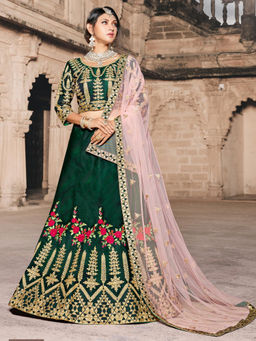 Odette - Women Dark Green Semi Stitched Lehenga with Unstitched Blouse & Dupatta (Set of 3)