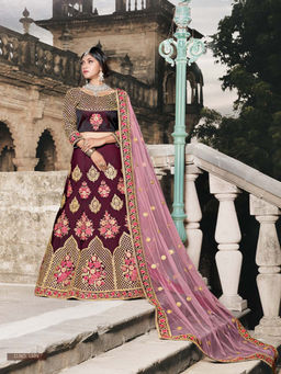 Odette - Women Soft Net Maroon Semi Stitched Lehenga with Unstitched Blouse & Dupatta (Set of 3)