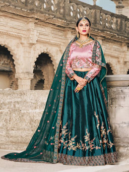 Odette - Women Teal Semi Stitched Semi Stitched Lehenga with Unstitched Blouse & Dupatta (Set of 3)