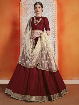 Odette - Women Art Silk Maroon Semi Stitched Lehenga with Unstitched Blouse & Dupatta (Set of 3)