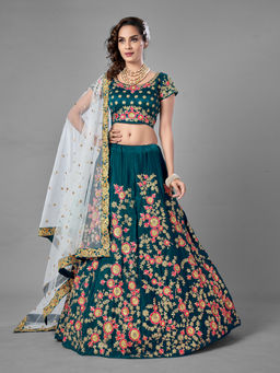 Odette - Women Teal Satin Velvet Semi Stitched Lehenga with Unstitched Blouse & Dupatta (Set of 3)
