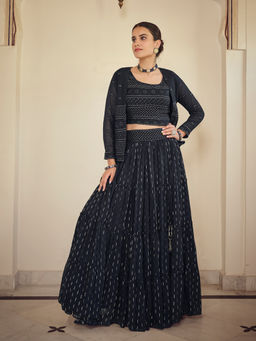 Odette - Women Dark Blue Embroidered Semi Stitched Lehenga with Unstitched Blouse & Shrug (Set of 3)