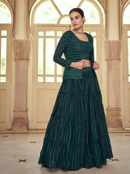 Odette - Women Dark Green Embroidered Semi Stitched Lehenga with Unstitched Blouse & Shrug (Set of 3)