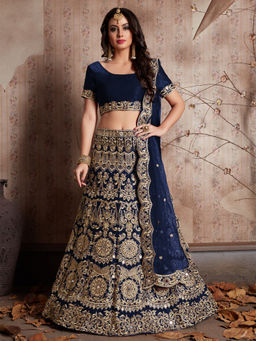Odette - Women Dark Blue Embroidered Semi Stitched Lehenga with Unstitched Blouse & Dupatta (Set of 3)