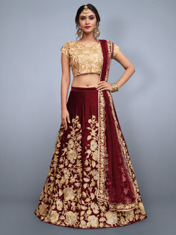 Odette - Women Maroon Embroidered Semi Stitched Lehenga with Unstitched Blouse & Dupatta (Set of 3)