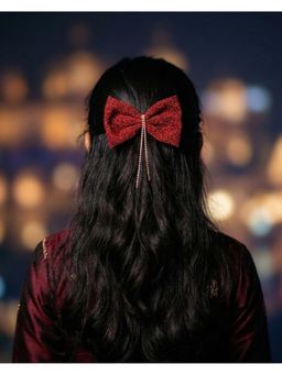 FUNKRAFTS - Girls Shimmer Bow Alligator Hair Clip with Embellishment - Red (7-12 Years)