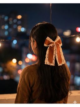 FUNKRAFTS - Girls Velvet and Lace Bow with Tail Alligator Hair Clip - Mustard-Brown (7-12 Years)