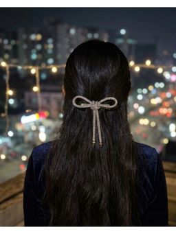 FUNKRAFTS - Girls Crystal Hair Bow Barrette Clip - Black and Silver (7-12 Years)