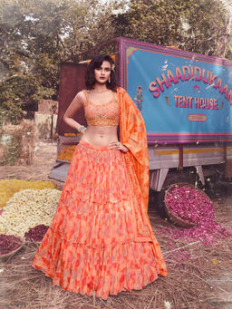 Odette - Peach Embroidered Chiffon Semi Stitched Lehenga With Unstitched Blouse (Set of 3)