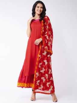 Pannkh - Women Sindoor Solid Kurta With Lurex Embellished Dupatta And Sharara