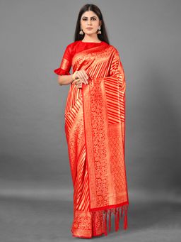 Akhilam - Womens Silk Blend Red Woven Design Designer Saree with Unstitched Blouse