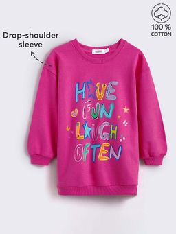 Hopscotch - Girls Pink Text Print Terry Long Sweatshirt