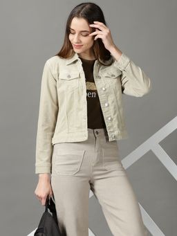 SHOWOFF - Women's Spread Collar Solid Sea Green Open Front Jacket