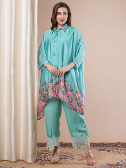 FASHOR - Women Turquoise Floral Kaftan Kurta with Palazzo (Set of 2)