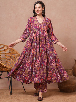 FASHOR - Women Purple Floral Anarkali Kurta with Pant (Set of 2)