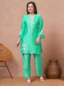 FASHOR - Women Green Solid Kurta with Pant (Set of 2)
