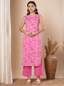 FASHOR - Women Pink Printed Kurta with Palazzo (Set of 2)