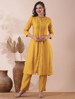 FASHOR - Women Mustard Solid Kurta with Pant (Set of 2)