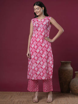 FASHOR - Women Pink Printed Kurta with Palazzo (Set of 2)