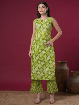 FASHOR - Women Green Printed Kurta with Palazzo (Set of 2)