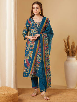 FASHOR - Women Teal Floral Kurta with Pant and Dupatta (Set of 3)