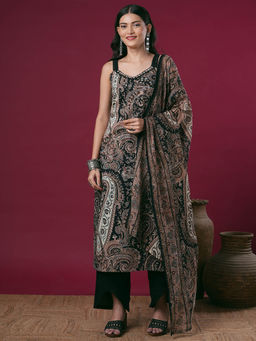 FASHOR - Women Black Printed Kurta with Pant and Dupatta (Set of 3)