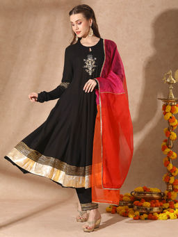 FASHOR - Women Black Woven Anarkali Kurta with Pant and Dupatta (Set of 3)