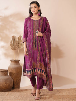 FASHOR - Women Purple Printed Kurta with Pant and Dupatta (Set of 3)