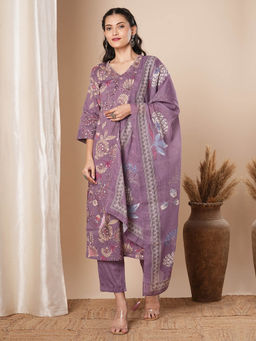 FASHOR - Women Lavender Floral Kurta with Pant and Dupatta (Set of 3)