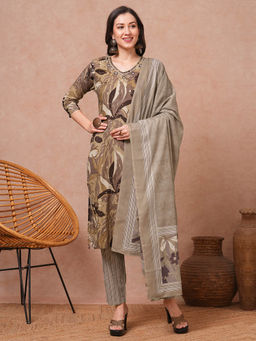 FASHOR - Women Brown Printed Kurta with Pant and Dupatta (Set of 3)