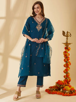 FASHOR - Women Teal Embroidered Kurta with Pant and Dupatta (Set of 3)