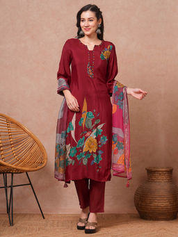 FASHOR - Women Maroon Floral Kurta with Pant and Dupatta (Set of 3)