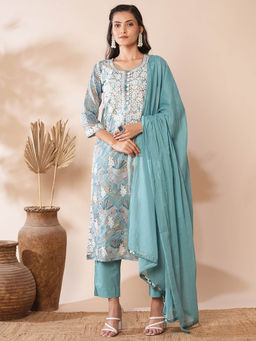 FASHOR - Women Blue Embroidered Kurta with Pant and Dupatta (Set of 3)