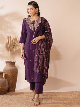 FASHOR - Women Purple Embroidered Kurta with Pant and Dupatta (Set of 3)