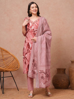 FASHOR - Women Mauve Printed Kurta with Pant and Dupatta (Set of 3)