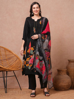 FASHOR - Women Black Floral Kurta with Pant and Dupatta (Set of 3)