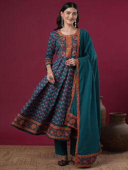 FASHOR - Women Teal Floral Anarkali Kurta with Pant and Dupatta (Set of 3)