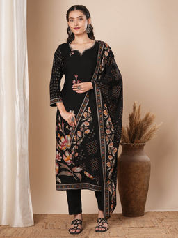 FASHOR - Women Black Floral Kurta with Pant and Dupatta (Set of 3)