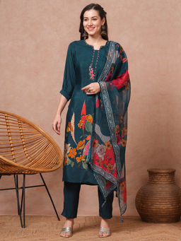 FASHOR - Women Green Floral Kurta with Pant and Dupatta (Set of 3)