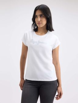 Pepe Jeans - Women White Embellished Short Sleeve T-Shirt