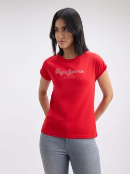 Pepe Jeans - Women Red Embellished Short Sleeve T-Shirt