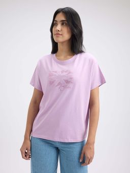 Pepe Jeans - Women Purple Embellished Union Jack Print Short Sleeve T-Shirt