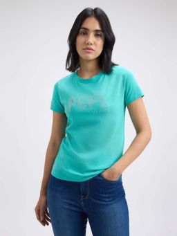 Pepe Jeans - Women Green Embellished Short Sleeve T-Shirt