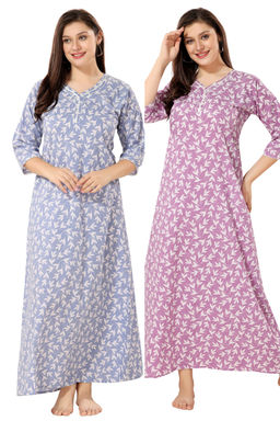 PIU - Cotton Pack of 2 Full Sleeves Floral Print Nighties-Purple and Blue (L)