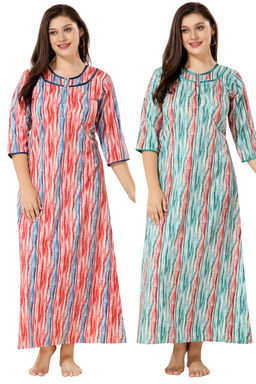 PIU - Front Open Cotton Pack of 2 Full Sleeves Abstract Print Nighties-Red and Green (M)