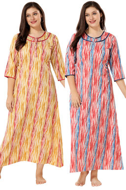 PIU - Front Open Cotton Pack of 2 Full Sleeves Abstract Print Nighties-Red and Yellow (M)