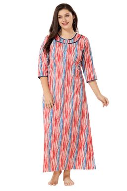 PIU - Front Open Cotton Full Sleeves Abstract Print Nighty-Red (M)