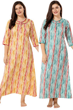 PIU - Front Open Cotton Pack of 2 Full Sleeves Abstract Print Nighties-Green and Yellow (M)