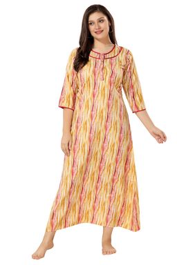 PIU - Front Open Cotton Full Sleeves Abstract Print Nighty-Yellow (M)