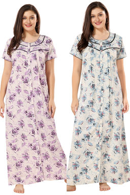 PIU - Full Front Open Plus Size Cotton Pack of 2 Half Sleeves Floral Nighty-Red and Blue (XL)